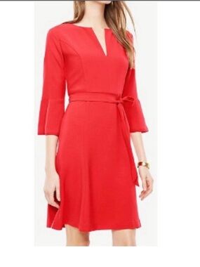 Ann Taylor Red V-Notch Belted Fit & Flare Midi Dress